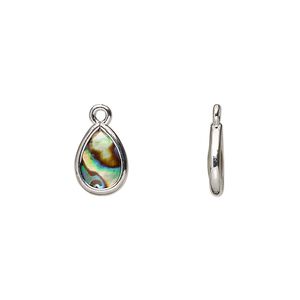 Drop, paua shell and imitation rhodium-finished brass (assembled), 10.5x7mm-11.5x8mm double-sided teardrop. Sold per pkg of 4.