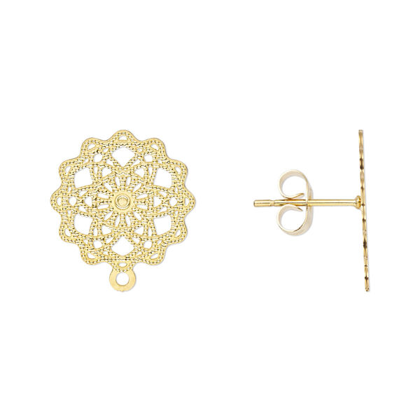 Earstud, Lazer Lace™, gold-finished stainless steel, 15mm filigree mandala closed loop. Sold per pkg of 4 pairs. image number 0
