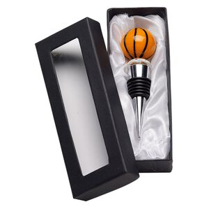 Bottle stopper, lampworked glass / rubber / silver-plated "pewter" (zinc-based alloy), clear / black / orange, 4 x 1-1/4 inches with basketball. Sold individually.