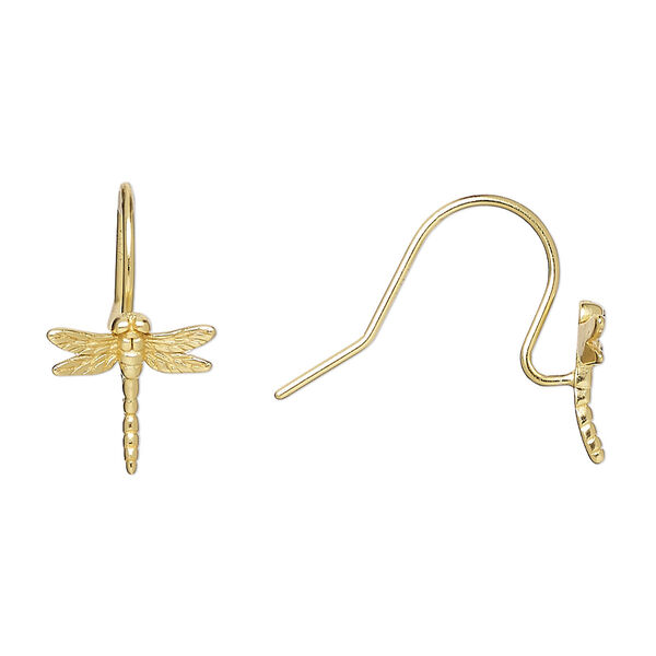 Ear wire, Amoracast®, satin-finished "vermeil" (gold-finished sterling silver), 13mm fishhook dragonfly and open loop and satin finish, 20 gauge. Sold per pair. image number 0