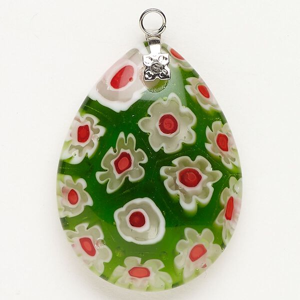 Focal 1pkg1 silver-finished steel and millefiori glass, translucent and transparent green / red / white, 37x26mm-38x28mm puffed teardrop. image number 0