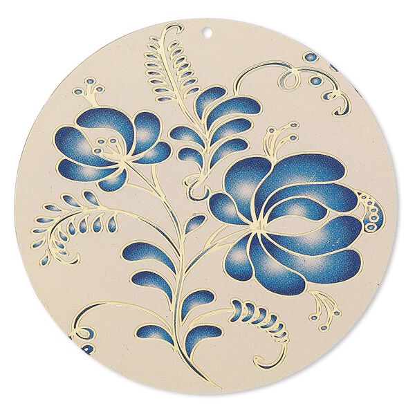 Focal, Lazer Lace™, color film and gold-finished brass, blue and taupe, 47mm single-sided round with floral design. Sold per pkg of 2. image number 0