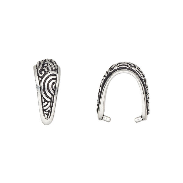 Bail, TierraCast®, ice-pick, antique silver-plated pewter (tin-based alloy), 15x6.5mm with swirl design, 11mm grip length. Sold per pkg of 20. image number 0