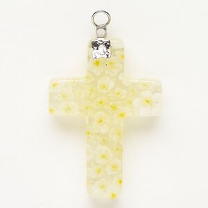 Focal 1pkg1 silver-finished steel and millefiori glass, translucent and transparent clear / white / yellow, 33x23mm-35x24mm cross.