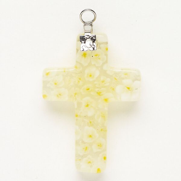Focal 1pkg1 silver-finished steel and millefiori glass, translucent and transparent clear / white / yellow, 33x23mm-35x24mm cross. image number 0