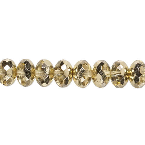 Bead, Czech fire-polished glass, transparent metallic pale gold, 9x5mm faceted rondelle. Sold per 15-1/2" to 16" strand. image number 0