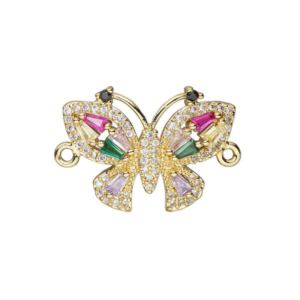 Link, cubic zirconia and gold-finished brass, multicolored, 21.5x16mm single-sided butterfly. Sold individually. image number 0