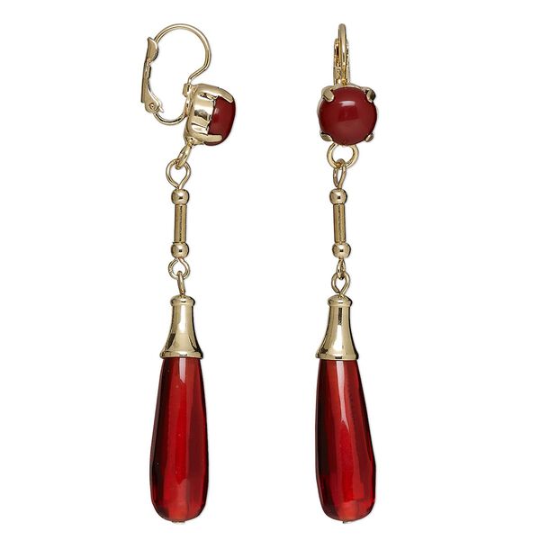 Earring, acrylic / resin / gold-finished brass / steel / "pewter" (zinc-based alloy), red and dark red, 3 inches with teardrop and leverback ear wire. Sold per pair. image number 0