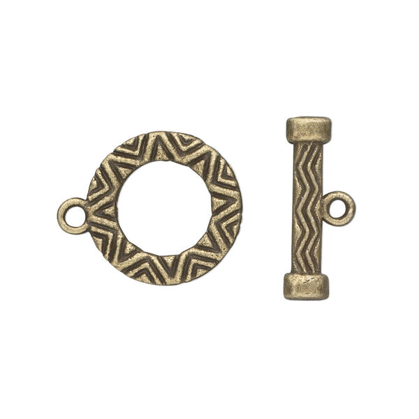 Clasp, toggle, antique brass-plated "pewter" (zinc-based alloy), 16mm round. Sold per pkg of 10. image number 0
