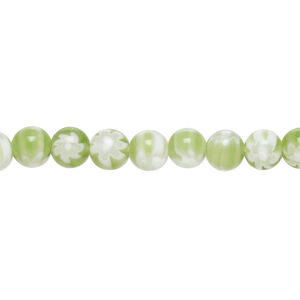Bead, millefiori glass 1pkg1, translucent medium green and white, 6mm round, 15 inches.