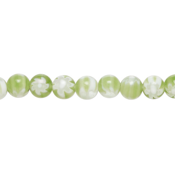 Bead, millefiori glass 1pkg1, translucent medium green and white, 6mm round, 15 inches. image number 0
