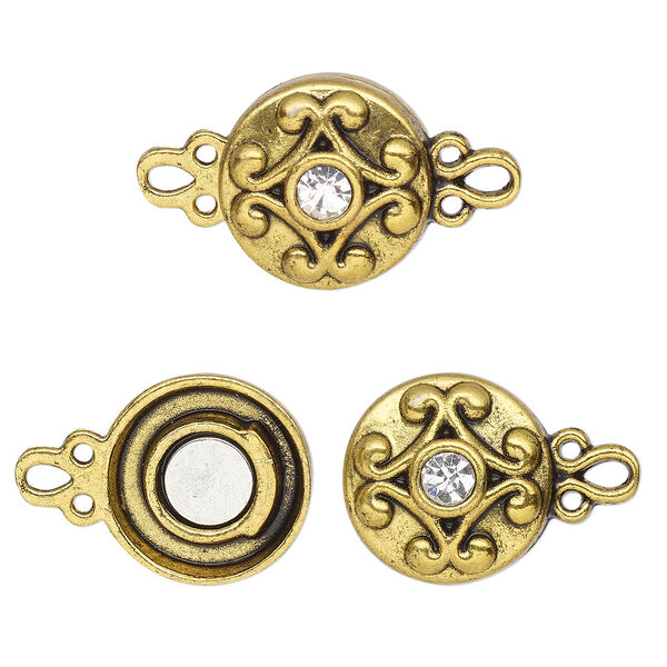 Clasp, magnetic, gold-finished "pewter" (zinc-based alloy) and glass, clear, 12mm double-sided round. Sold per pkg of 2. image number 0