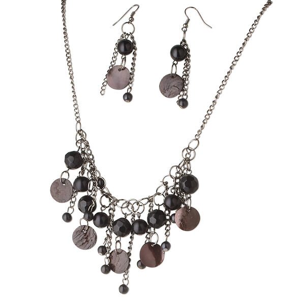 Necklace and earring set, glass, shell and acrylic, grey, 15mm disc, 10mm and 6mm round, 12mm faceted round, 18 inches with silver-plated brass lobster claw clasp and 3-inch extender chain. Sold per set. image number 0