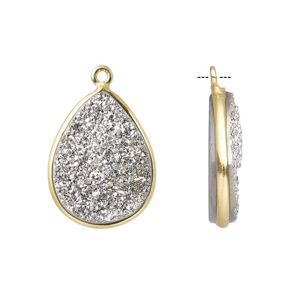 Drop, titanium- / electro-coated druzy agate / gold-finished sterling silver, silver, 21x16mm-22x17mm hand-cut single-sided flat teardrop. Sold individually. image number 0