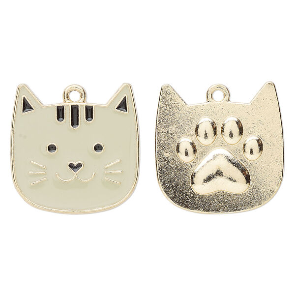 Charm, gold-finished "pewter" (zinc-based alloy) and enamel, grey and black, 22.5x22mm two-sided cat face. Sold per pkg of 2. image number 0