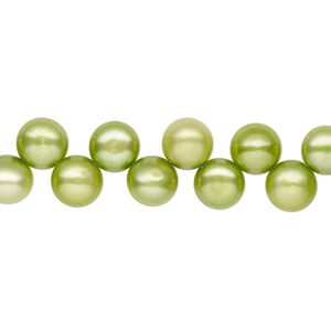 Pearl, cultured freshwater (dyed), fern green, 6-7mm top-drilled flat-sided round with 0.4-0.5mm hole, B- grade, Mohs hardness 2-1/2 to 4. Sold per 14-inch strand.
