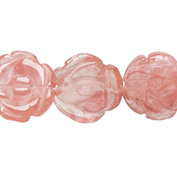 Bead, cherry "quartz" glass, 17-18mm carved flat flower with 0.6-0.8mm hole. Sold per 15-inch strand. image number 0
