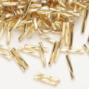 Bugle bead, Miyuki, glass, opaque gold, (TW1), 12x2mm twisted. Sold per 50-gram pkg.
