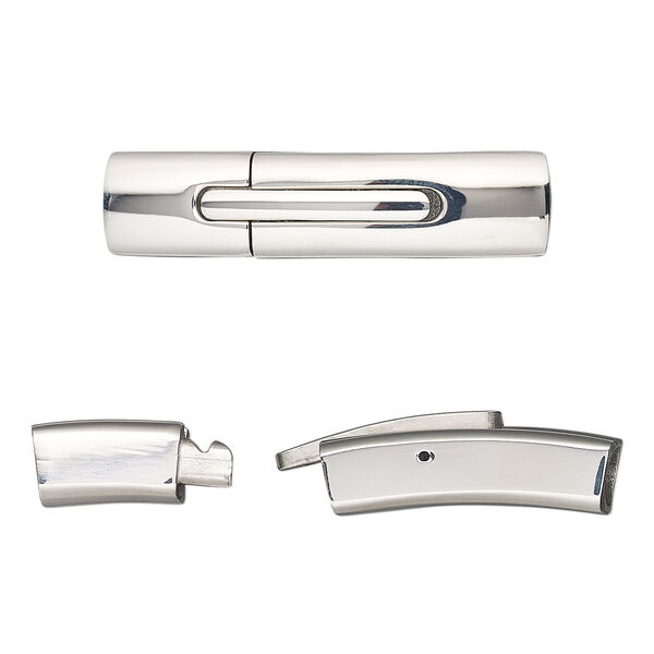 Clasp, bullet, stainless steel, 41.5x10mm locking curved rectangle tube with glue-in ends, 8x5mm inside diameter. Sold individually. image number 0