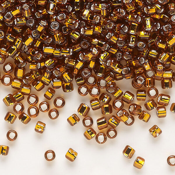 Seed bead, Dyna-Mites™, glass, silver-lined translucent root beer, #8 round with square hole. Sold per 40-gram pkg. image number 0