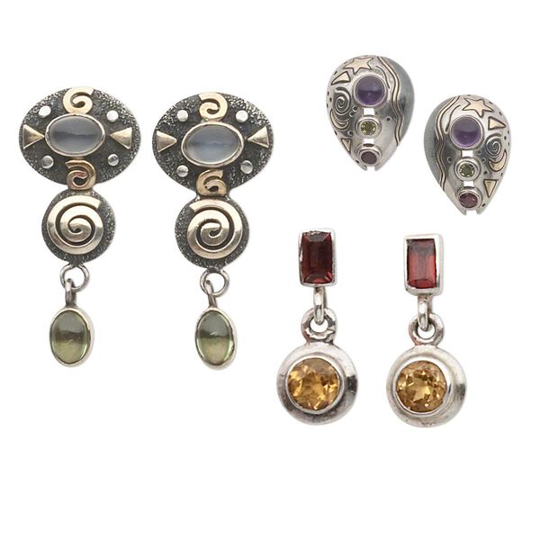 Earring mix, multi-gemstone (natural / dyed / heated) and sterling silver, 12x9mm-44x16mm mixed shape with mixed earwires. Sold per pkg of 3 pairs. image number 0