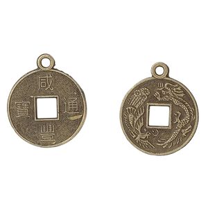 Charm, antique brass-plated pewter (tin-based alloy), 19mm Chinese dynasty coin. Sold per pkg of 20.