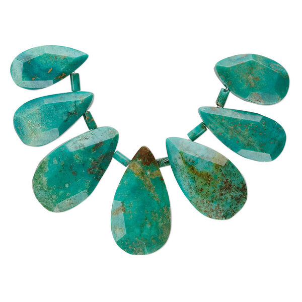 Bead, turquoise (dyed / stabilized), 16x11mm-22x14mm graduated hand-cut faceted teardrop, B grade, Mohs hardness 5 to 6. Sold per 7-piece set. image number 0