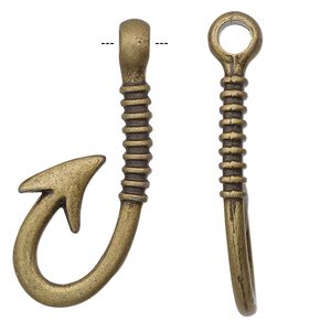 Focal, antique brass-finished "pewter" (zinc-based alloy), 39x17mm 3D fish hook. Sold per pkg of 2.