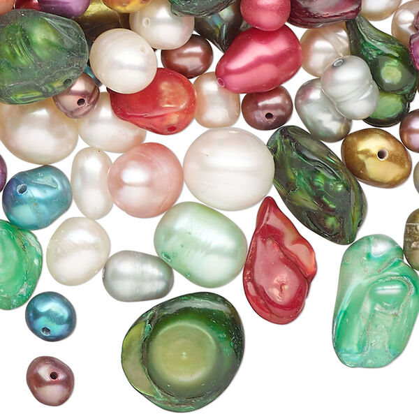 Pearl, cultured freshwater pearl (bleached/dyed), mixed colors, 4mm-12x9mm mixed shapes, Mohs hardness 2-1/2 to 4. Sold per 1/2 pound pkg, approximately 400 beads. image number 0