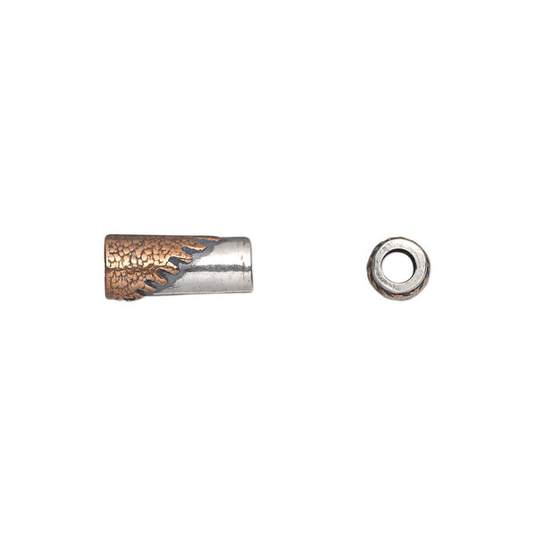 Bead, antiqued sterling silver and copper, 12x5mm round tube with textured serrated design. Sold individually. image number 0