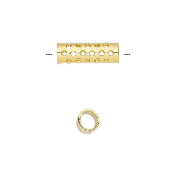 Bead, gold-finished steel, 16x5.5mm round tube with cutout dot design, 4mm hole. Sold per pkg of 10. image number 0