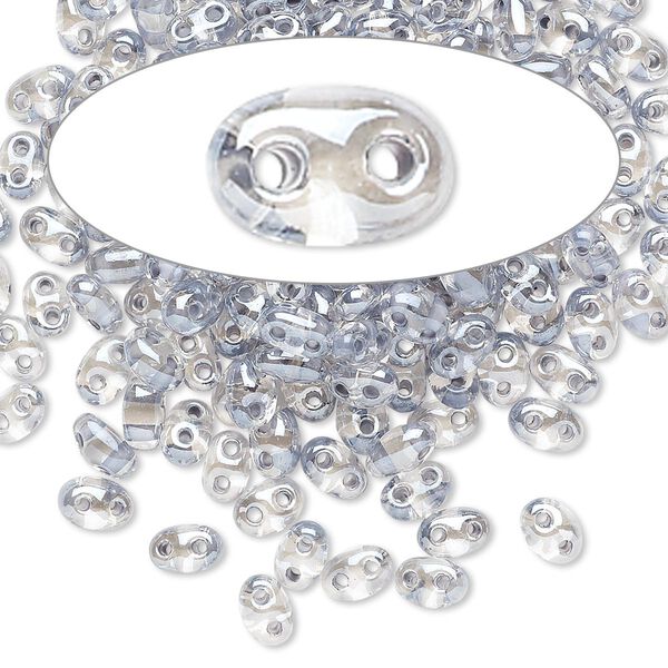 Seed bead, Preciosa Twin™ Czech glass, pkg/10g, 5x2.5mm oval, transparent light grey terra color-lined clear, (38642). image number 0