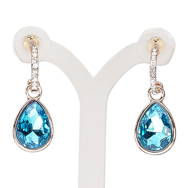 Earring, glass / glass rhinestone / stainless steel / rose gold-finished "pewter" (zinc-based alloy), light blue and clear, 32mm with teardrop and post. Sold per pair. image number 0