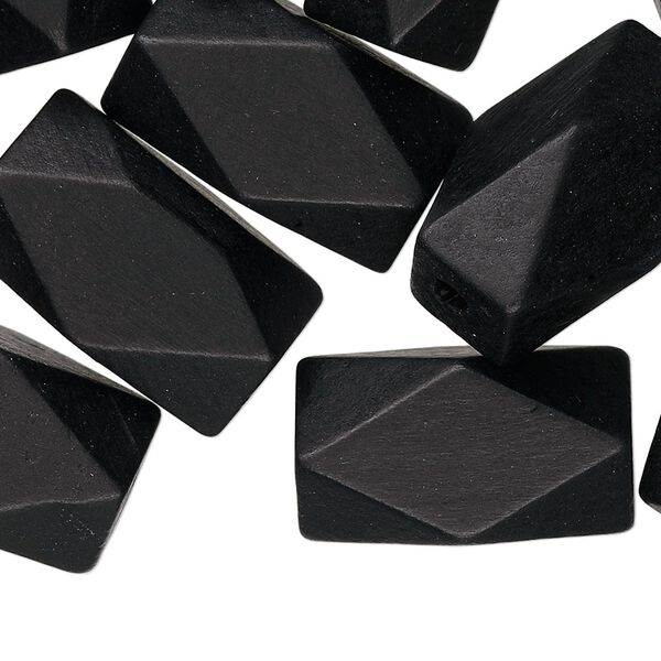 Bead, wood (dyed), black, 22x13mm hand-cut faceted tube, 2.1mm hole. Sold per pkg of 25. image number 0