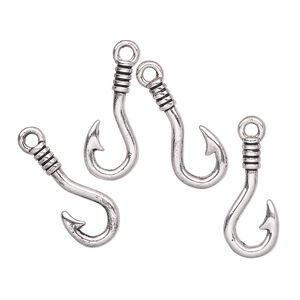 Charm, antique silver-finished "pewter" (zinc-based alloy), 18x8mm fishhook. Sold per pkg of 4.