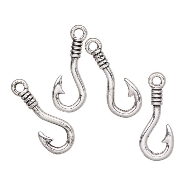 Charm, antique silver-finished "pewter" (zinc-based alloy), 18x8mm fishhook. Sold per pkg of 4. image number 0