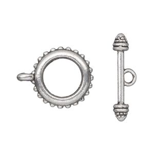 Clasp toggle 1pkg10 silver-plated "pewter" (zinc alloy), 18mm double-sided beaded round, antique 1-strand