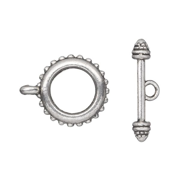 Clasp toggle 1pkg10 silver-plated "pewter" (zinc alloy), 18mm double-sided beaded round, antique 1-strand image number 0