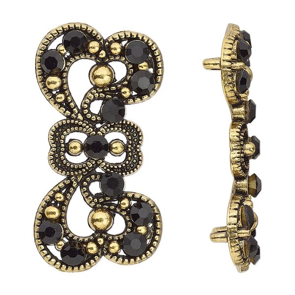 Spacer, antiqued gold-finished "pewter" (zinc-based alloy) and Czech glass rhinestone, black, 37x17mm 2-strand fancy bow. Sold per pkg of 4. image number 0