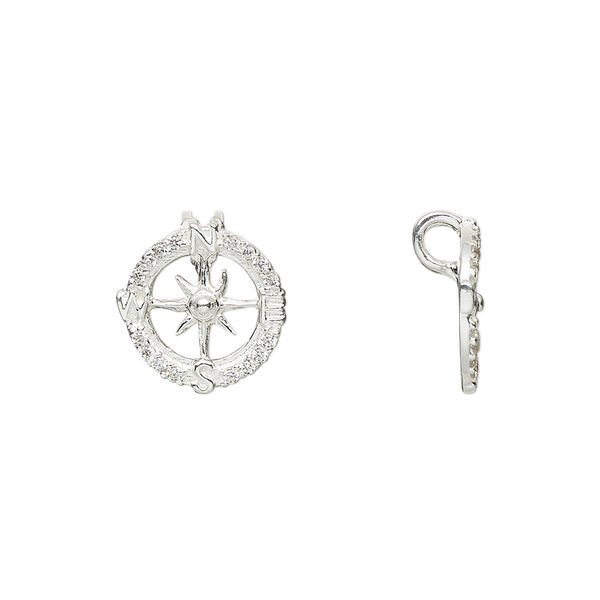 Pendant, cubic zirconia and sterling silver, clear, 13x12mm single-sided compass. Sold individually. image number 0