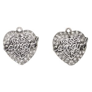 Charm, antique silver-finished "pewter" (zinc-based alloy) and glass, clear, 23mm heart with "Cowgirl". Sold per pkg of 2.