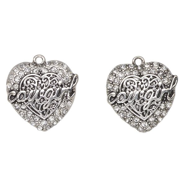 Charm, antique silver-finished "pewter" (zinc-based alloy) and glass, clear, 23mm heart with "Cowgirl". Sold per pkg of 2. image number 0