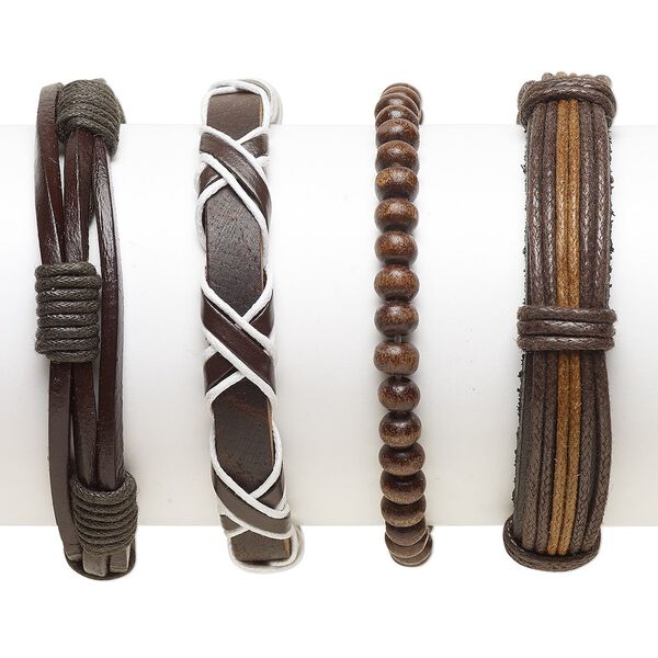 Bracelet mix, Everyday Jewelry, leather (dyed) / faux leather (dyed) / Japanese pagoda wood / waxed cotton cord, dark brown / brown / white, 5-14mm wide, 7-8 inches. Sold per pkg of 4. image number 0