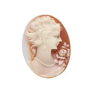 Cabochon, acrylic, white and peach, 30x22mm right-facing non-calibrated oval cameo with woman. Sold individually.