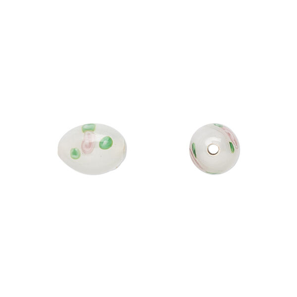 Bead, Czech lampworked glass, opaque white / pink / green, 9x6mm-10x7mm olive with flower design. Sold per pkg of 4. image number 0