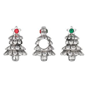 Bead, Dione®, crystals and antique silver-plated pewter (tin-based alloy), light Siam and emerald, 17x12mm 3D Christmas tree. Sold individually.