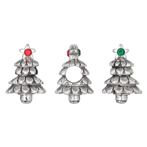 Bead, Dione®, crystals and antique silver-plated pewter (tin-based alloy), light Siam and emerald, 17x12mm 3D Christmas tree. Sold individually. image number 0