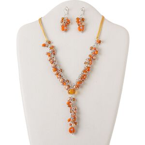 Necklace and earring set, silver-plated steel and brass with glass, orange / light brown / champagne, 3-3/4 inch dangle, 18 inches with 2-inch extender chain and lobster claw clasp, 2-inch earrings with leverback ear wire. Sold per set.