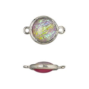 Link, Opalized Ice™, "opal" (resin) and imitation rhodium-finished brass, opaque light purple, 14mm double-sided round .Sold per pkg of 4.