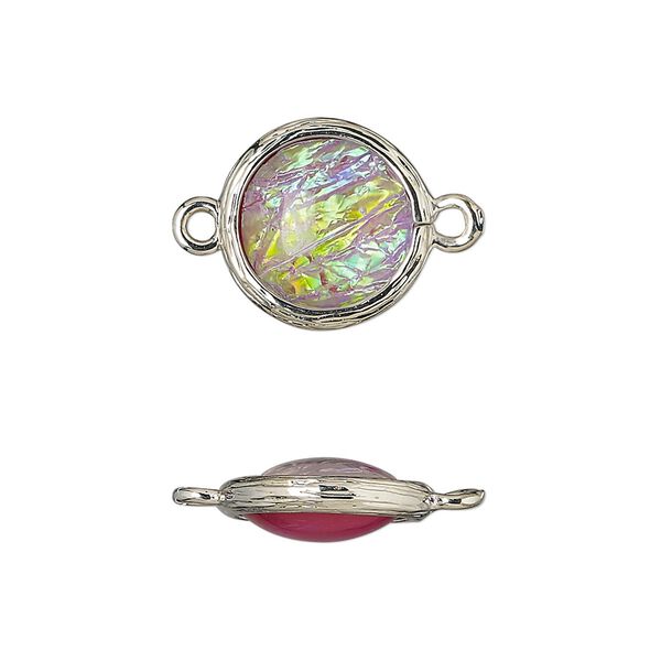 Link, Opalized Ice™, "opal" (resin) and imitation rhodium-finished brass, opaque light purple, 14mm double-sided round .Sold per pkg of 4. image number 0
